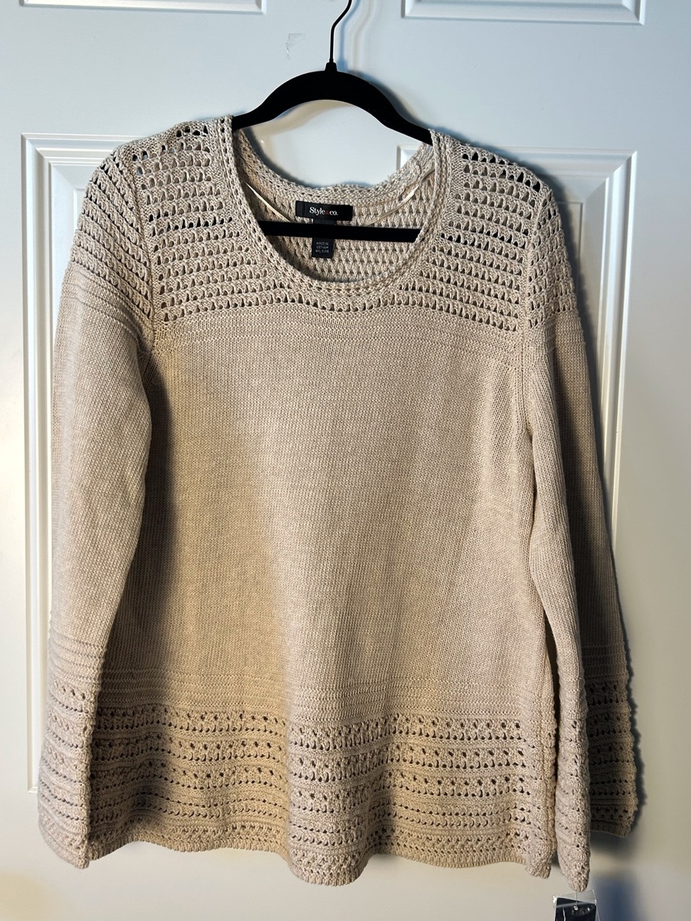 Style & Co. 100% Cotton Light Cream Scoop Neck Knit Sweater Tunic Crochet Lg